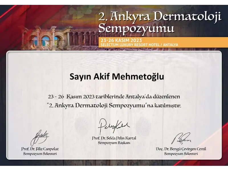 Akif Mehmetoglu 2. Ankyra Dermatology Semposium Certificate