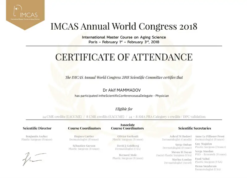 Akif Mehmetoglu 2018 IMCAS Attendance Certificate