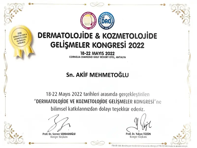 Akif Mehmetoglu Dermatology Congress Certificate 2022