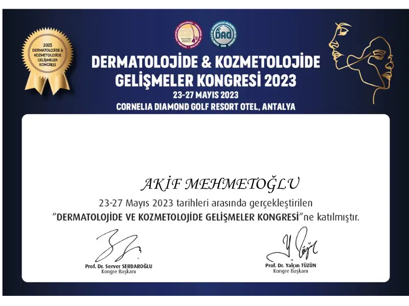 Akif Mehmetoglu Dermatology Congress Certificate 2023