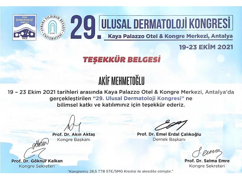 Akif Mehmetoglu National Dermatology Congress Certificate 2021