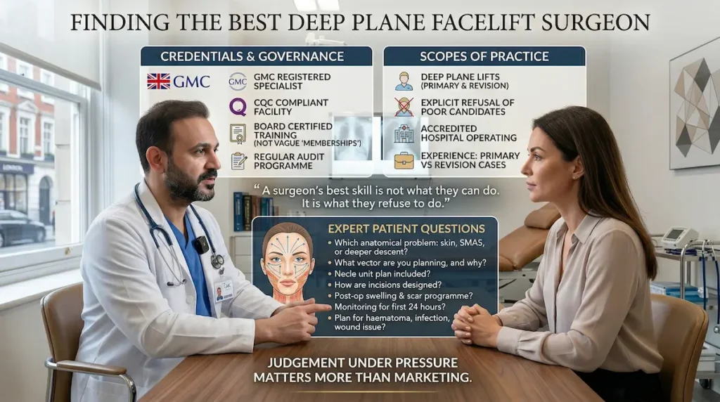 Deep Plane Facelift surgeon consultation infographic showing credentials, governance checks, scope of practice, and expert patient questions.