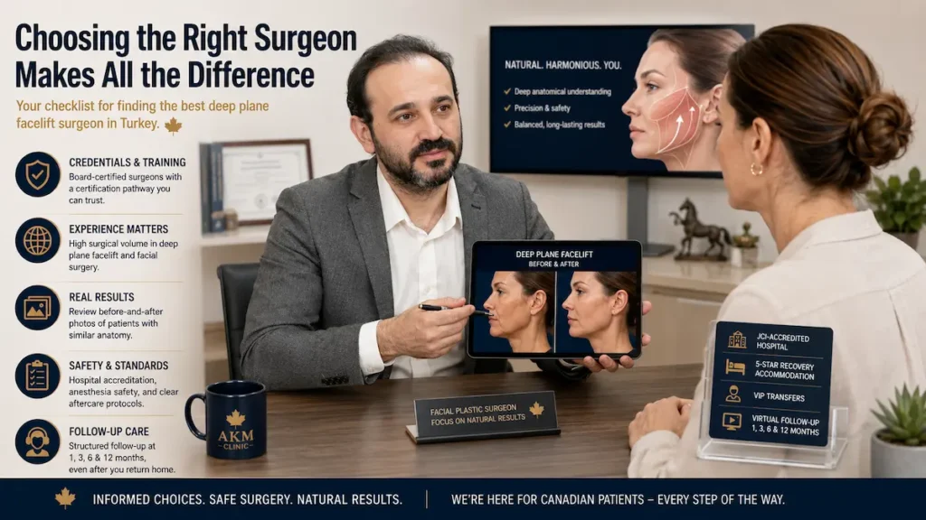 Best Deep Plane Facelift Surgeon consultation showing credentials, safety standards, before-and-after review, and follow-up care.