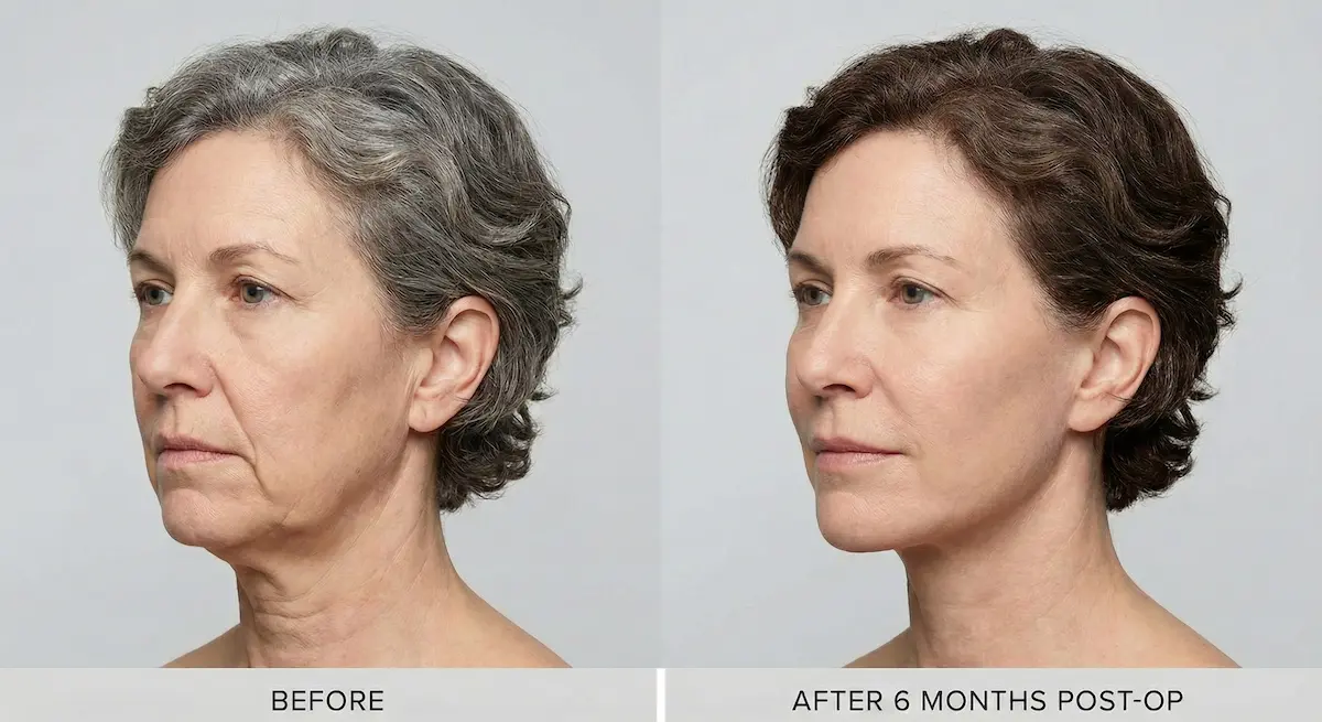 Side-profile before-and-after photo showing facial rejuvenation 6 months after a deep plane facelift, with improved jawline and neck contour.