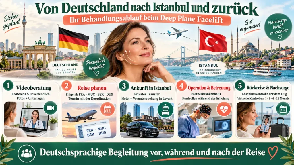 Deep Plane Facelift Behandlungsablauf: Videoberatung, Reise nach Istanbul, Voruntersuchung, Operation, Rückflug und Nachsorge in Deutschland.