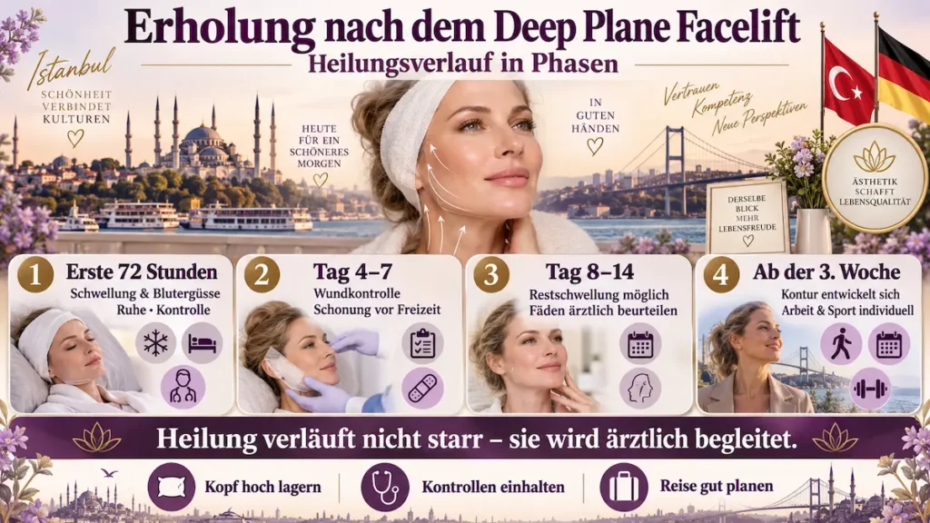Deep Plane Facelift Heilungsverlauf: erste 72 Stunden, Tag 4–7, Tag 8–14 und die Erholung ab der dritten Woche.