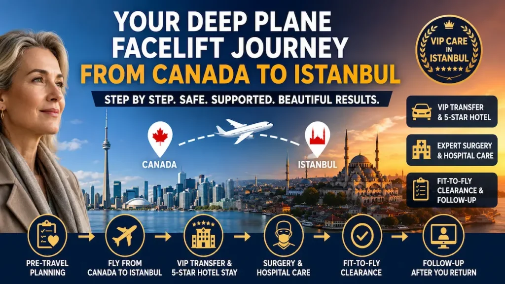 Your Deep Plane Facelift Journey from Canada to Turkey showing travel planning, VIP transfers, surgery, fit-to-fly clearance, and follow-up care.