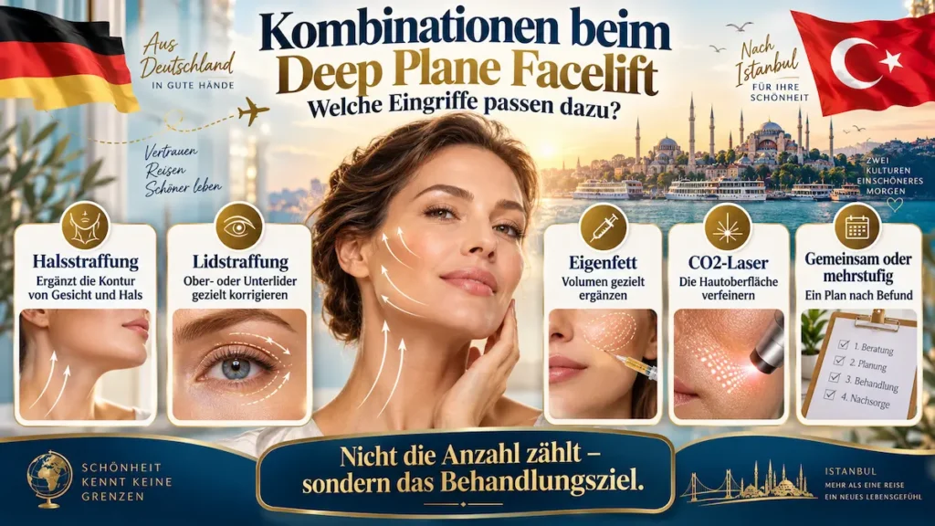 Deep Plane Facelift kombinieren: Halsstraffung, Lidstraffung, Eigenfett und CO2-Laser als mögliche ergänzende Behandlungen.
