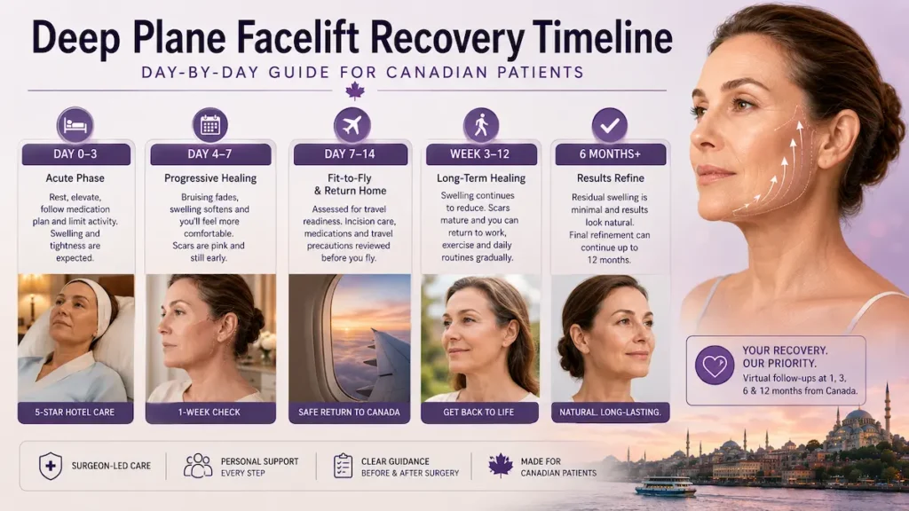 Deep Plane Facelift Recovery Timeline showing day 0–3, day 4–7, fit-to-fly, long-term healing, and 6-month results for Canadian patients.
