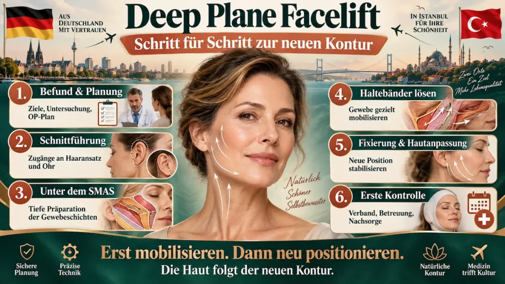Deep Plane Facelift Schritt für Schritt: Planung, Schnittführung, Präparation unter dem SMAS, Lösen der Haltebänder, Fixierung und erste Kontrolle.