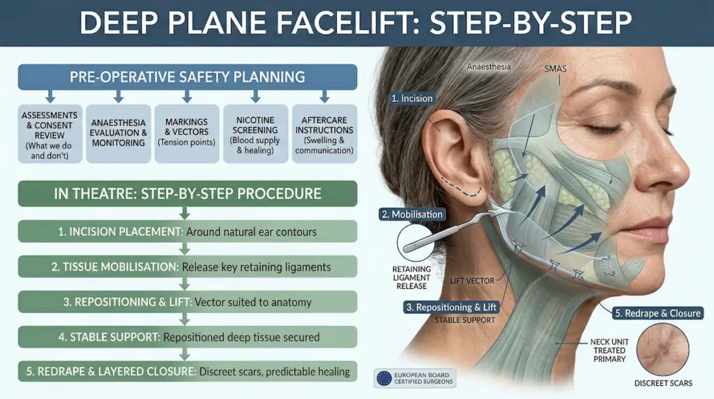 Deep Plane Facelift step-by-step diagram showing pre-operative safety planning, incision placement, ligament release, repositioning, and discreet closure.