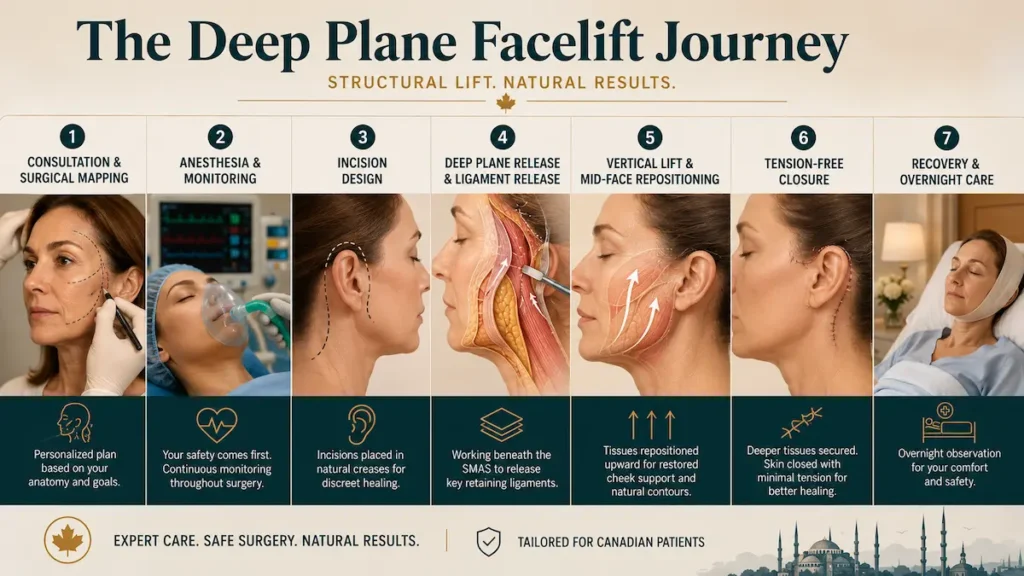 Deep Plane Facelift Surgery Step by Step showing consultation, anesthesia, incision design, ligament release, vertical lift, closure, and recovery.