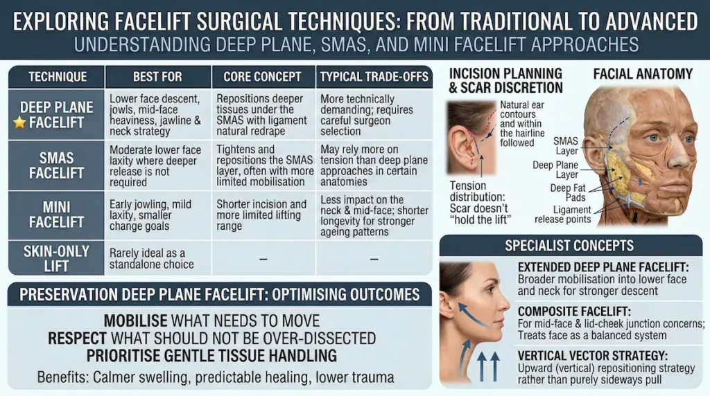 Deep Plane Facelift techniques infographic comparing Deep Plane vs SMAS vs mini facelift, plus preservation, incision planning, and vertical vector strategy.