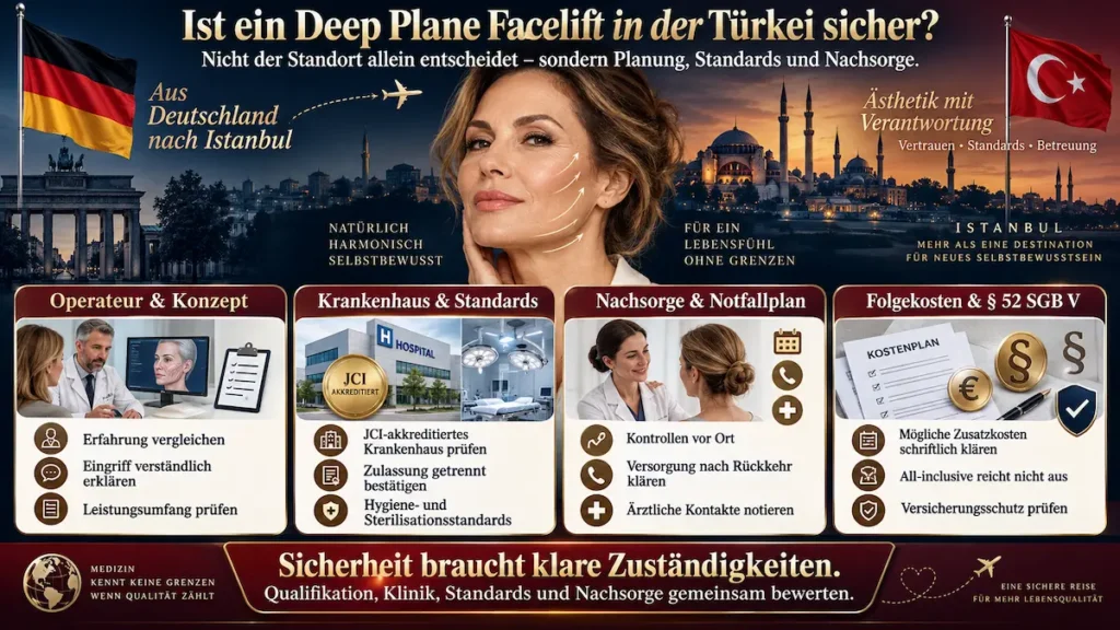 Deep Plane Facelift in der Türkei: Sicherheit durch Operateurwahl, Klinikstandards, Nachsorge, Notfallplanung und transparente Folgekosten.
