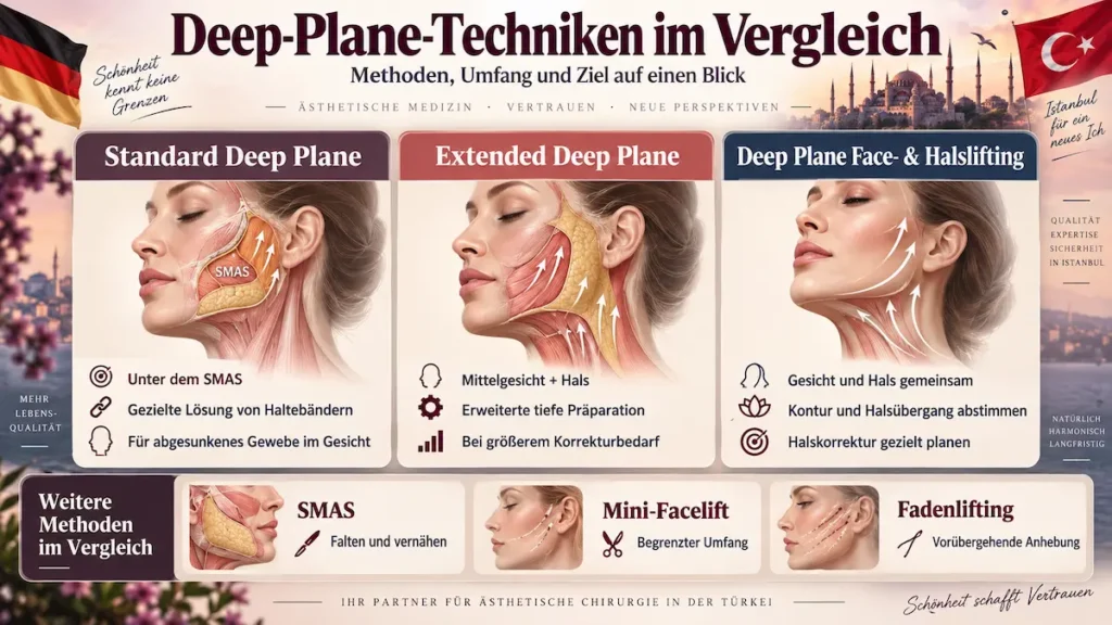 Deep-Plane-Techniken im Vergleich: Standard Deep Plane, Extended Deep Plane und Deep Plane Face-&-Halslifting mit SMAS und Haltebändern.