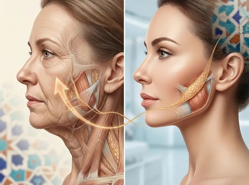 Deep Plane Facelift surgery illustration showing before-and-after profile with vertical vector lift and deeper tissue repositioning for a natural jawline.