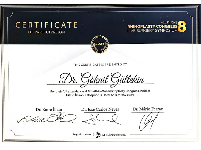 goknil gultekin rhinoplasty congress certificate