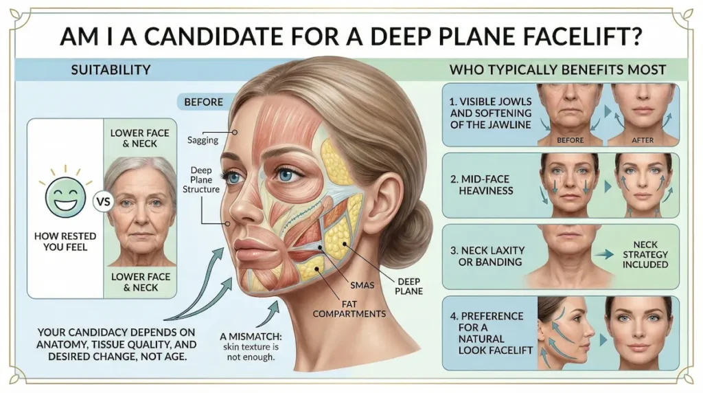 Deep Plane Facelift candidate infographic showing suitability signs: jowls, mid-face heaviness, neck laxity, and preference for natural-looking results.