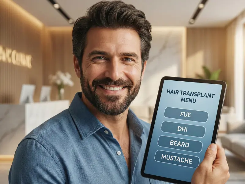 Man in clinic holding a tablet showing a hair transplant menu with options for FUE, DHI, beard, and mustache procedures.