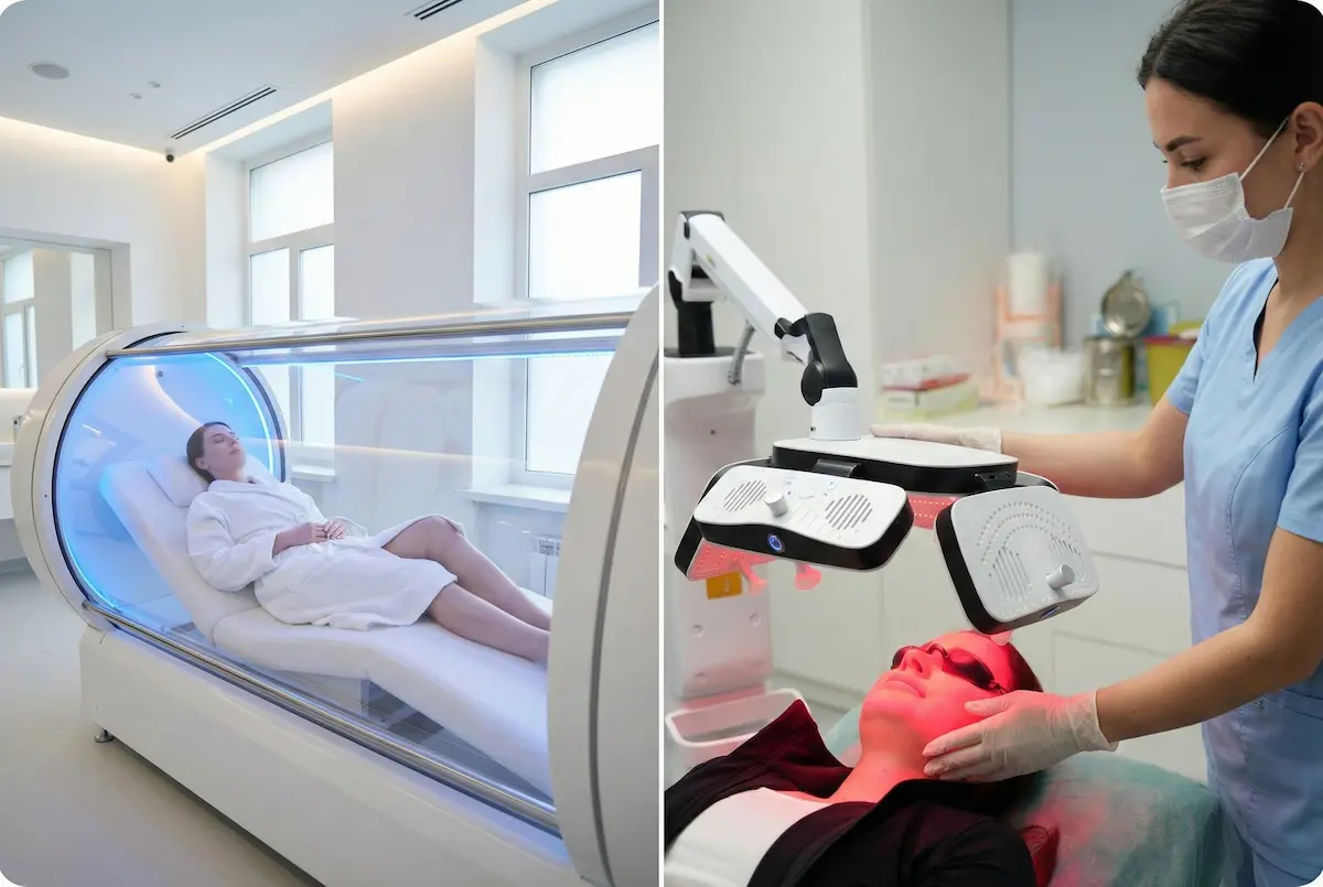 A patient in a hyperbaric oxygen chamber and a clinician applying low-level laser therapy in a clinical setting.