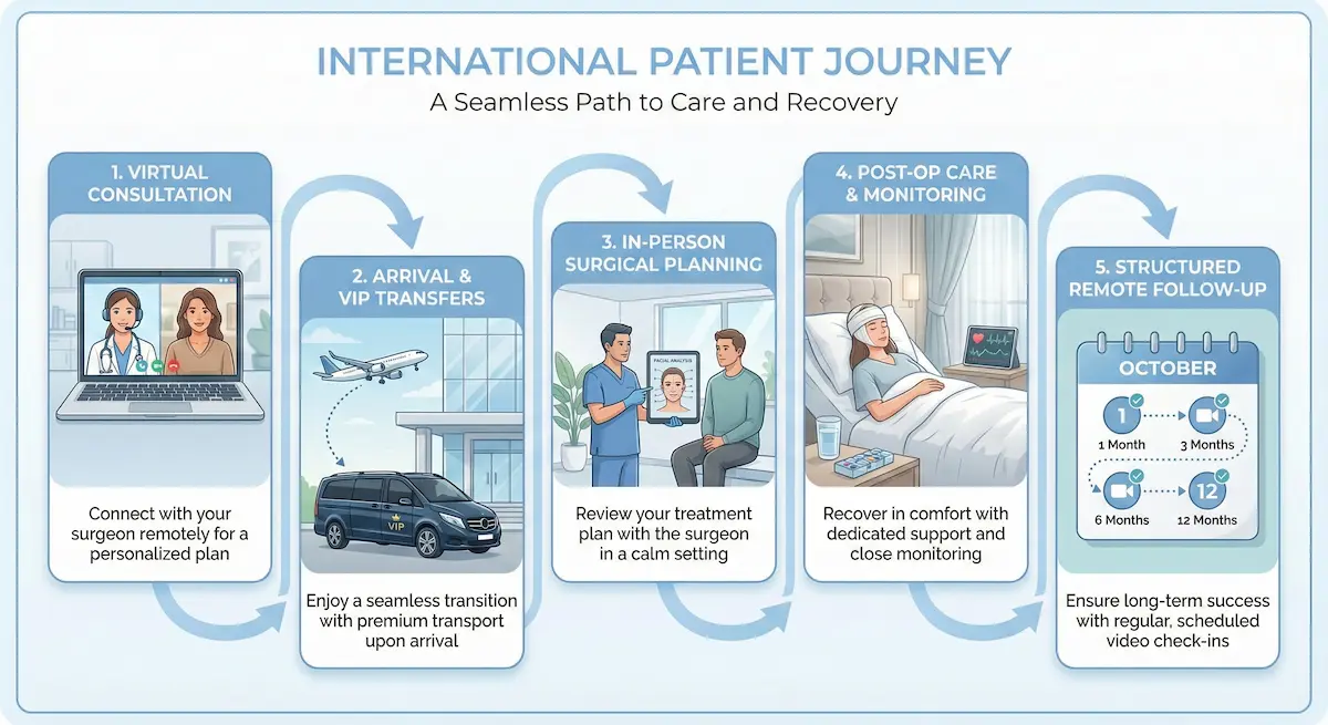 Infographic showing an international patient journey with steps for virtual consultation, arrival transfers, surgical planning, post-op care, and remote follow-up.