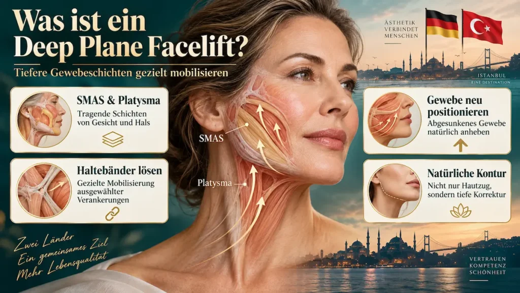 Deep Plane Facelift: Darstellung von SMAS, Platysma und Haltebändern zur gezielten Mobilisierung und Neupositionierung tiefer Gesichtsschichten.