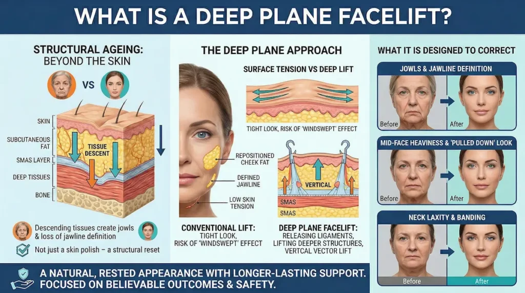 Deep Plane Facelift infographic: structural ageing, vertical vector lift, and before–after changes in jowls, mid-face and neck.