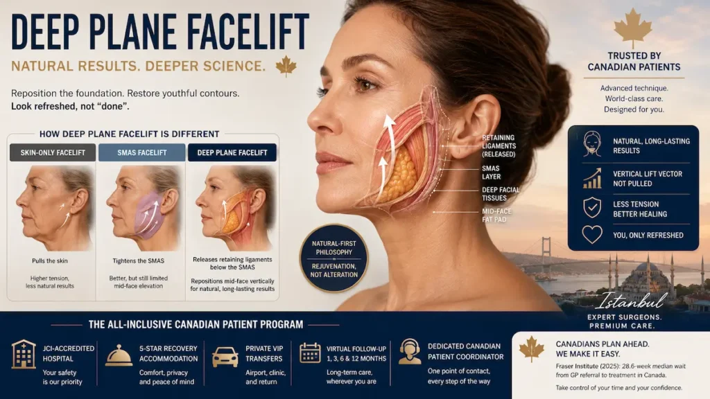 Deep Plane Facelift Surgery diagram showing SMAS layer, ligament release, and Canadian patient care pathway.