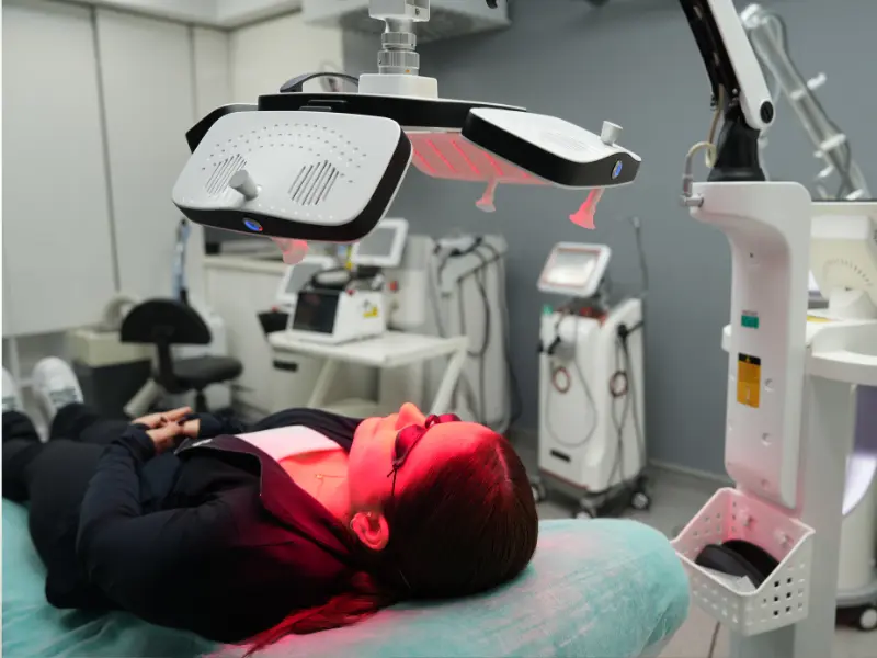 Patient receiving Low-Level Laser Therapy (LLLT) with red light technology to accelerate skin healing and minimize scarring after a Twilight facelift in Turkey at AKM Clinic.