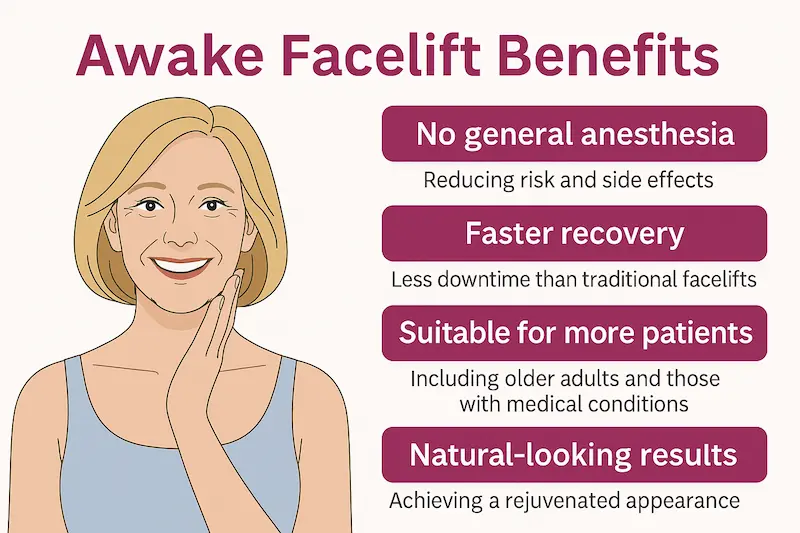 Infographic showing awake deep plane facelift benefits, including no general anesthesia, faster recovery and natural-looking results.