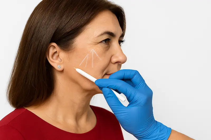 Surgeon marking a middle-aged woman’s cheek before an awake facelift, illustrating a safest facelift method with local anesthesia.