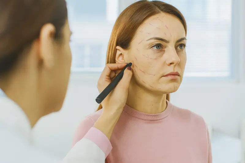 Female plastic surgeon in pink scrubs marking facelift lines on a brown-haired woman’s face during a consultation, illustrating planning for an awake facelift vs traditional facelift.