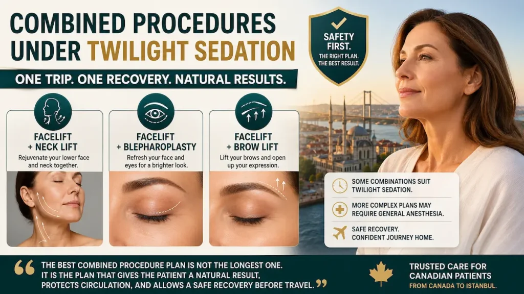 Combined procedures under twilight sedation including facelift, neck lift, blepharoplasty and brow lift for Canadian patients.