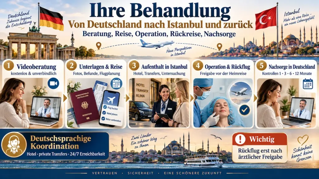 Dämmerschlaf-Facelift: Infografik zur Reise von Deutschland nach Istanbul mit Beratung, Rückreise und Nachsorge.