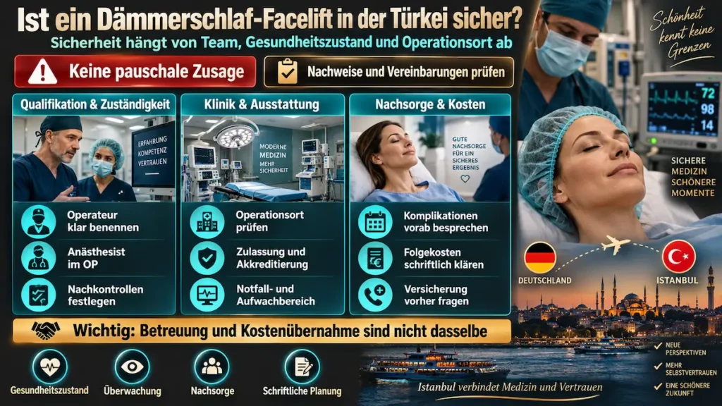 Dämmerschlaf-Facelift in der Türkei: Infografik zu Qualifikation, Klinikausstattung, Nachsorge und Folgekosten.