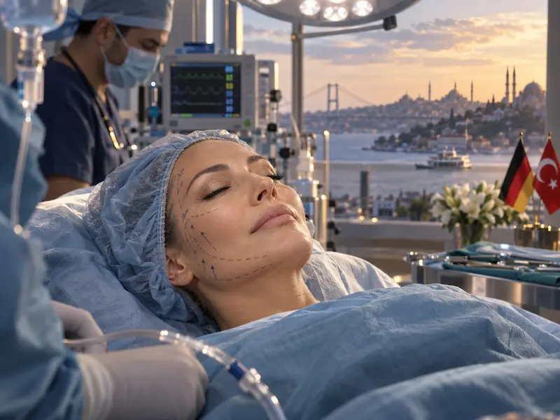 Dämmerschlaf-Facelift in der Türkei: Illustration einer Patientin mit Gesichtsmarkierungen, OP-Team und Monitor.