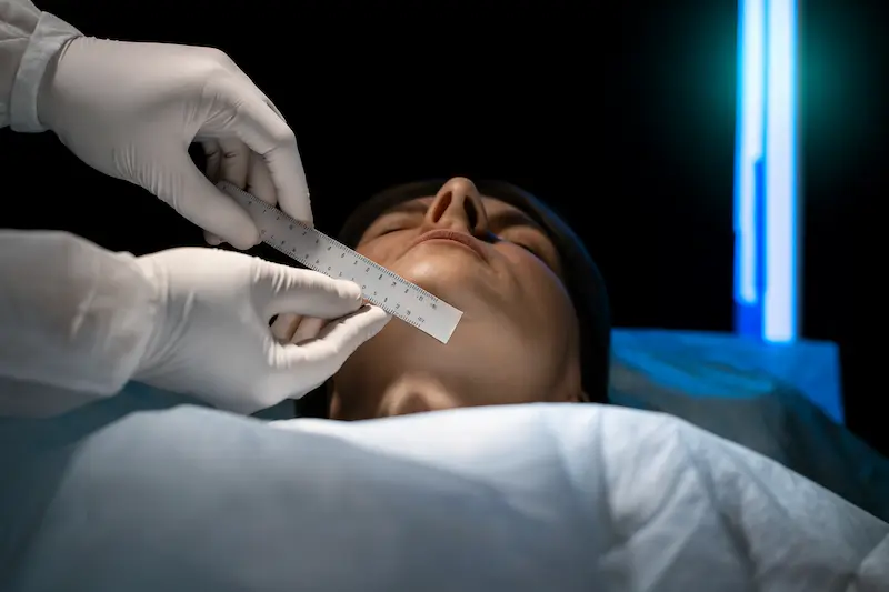 Surgeon in white gloves measuring a patient’s jawline during deep plane facelift surgery under local anesthesia in a modern operating room.