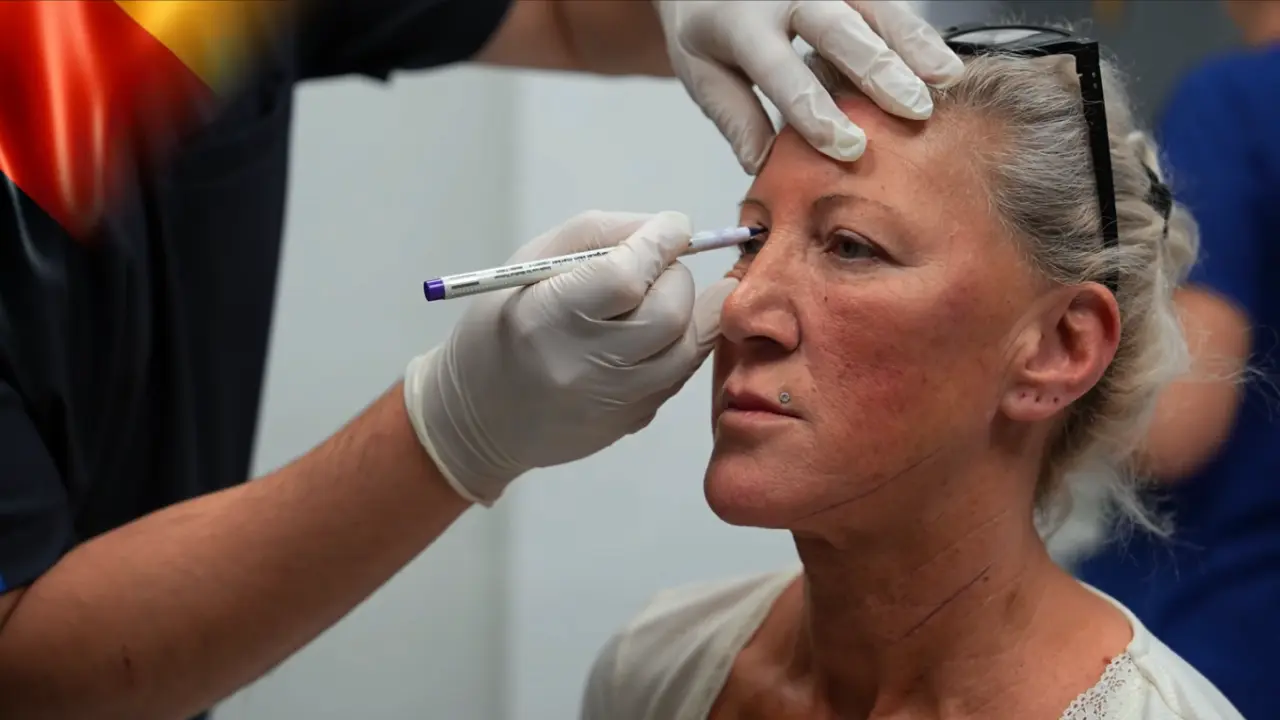 Surgeon marking the face and eyelids of a patient from Germany for a combined face lift, neck lift, and upper blepharoplasty procedure.