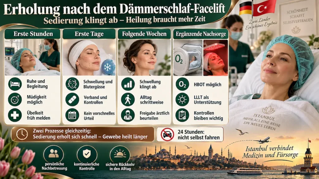 Dämmerschlaf-Facelift: Infografik zur Erholung in den ersten Stunden, Tagen und Wochen mit Hinweisen zur Nachsorge.