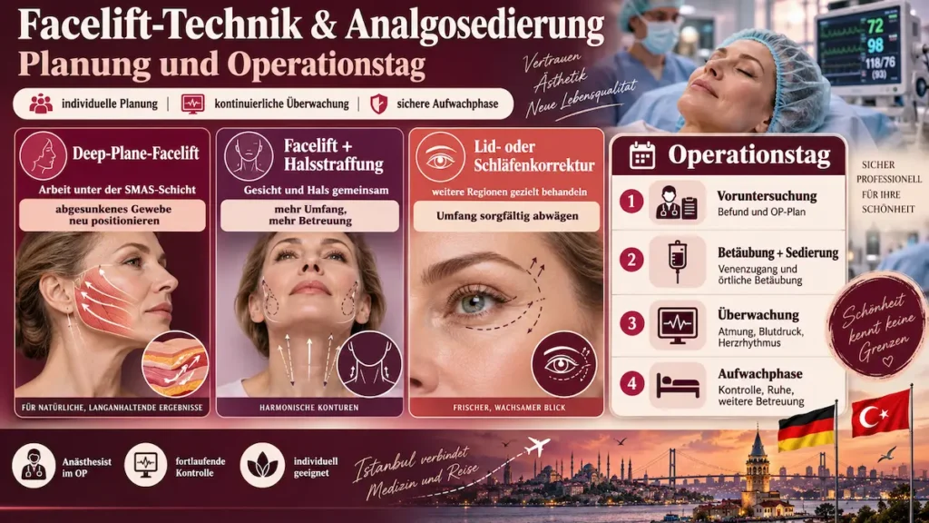 Dämmerschlaf-Facelift: Infografik zu Facelift-Technik und Analgosedierung mit OP-Planung, Überwachung und Aufwachphase.