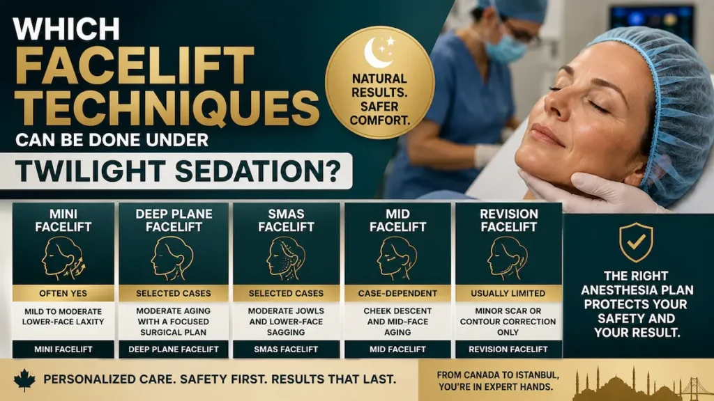 Facelift techniques under twilight sedation including mini, deep plane, SMAS, mid and revision facelift options for Canadian patients.