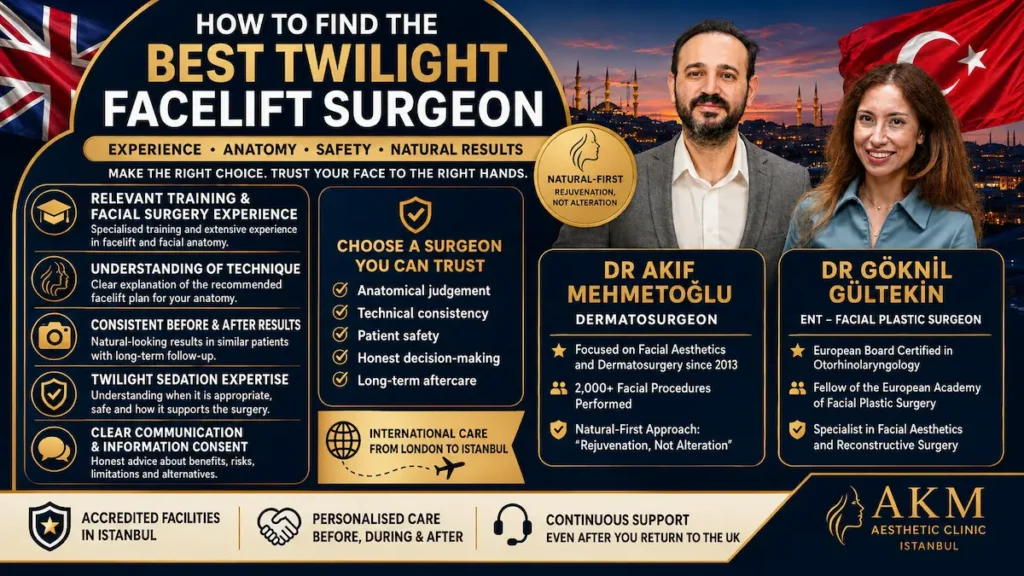 Best Twilight Facelift Surgeon infographic showing facial surgery experience, safety standards, twilight sedation expertise and natural results.