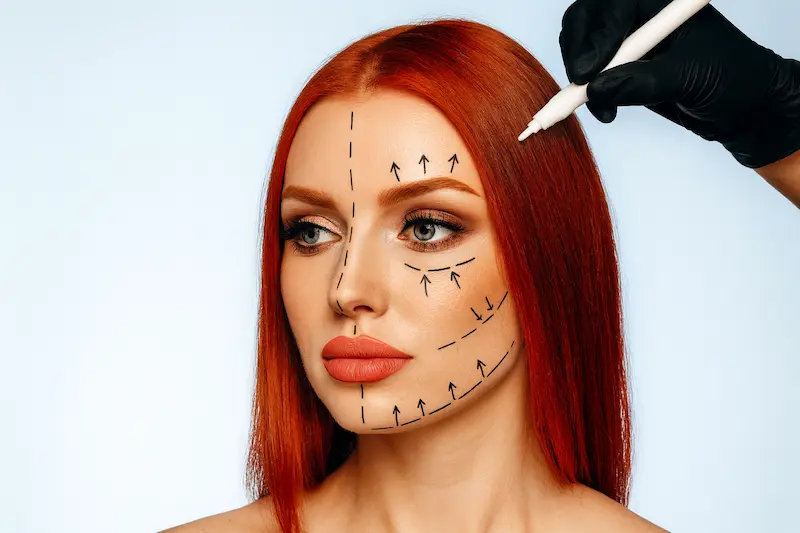 Close-up of a red-haired woman with facelift markings on one side of her face while a surgeon in black gloves draws lines with a white marker, illustrating planning for an awake deep plane facelift.