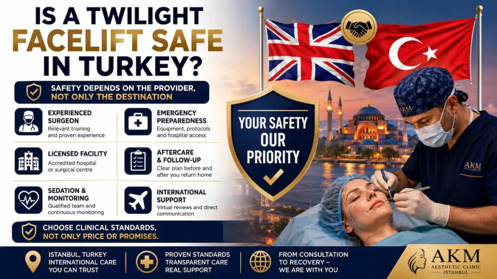 Is a Twilight Facelift Safe in Turkey? Safety infographic covering surgeon experience, licensed facilities, monitoring, emergency planning and aftercare.