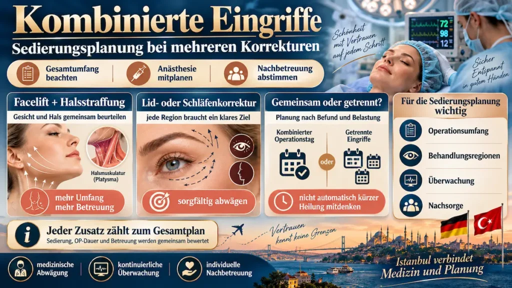 Dämmerschlaf-Facelift: Infografik zur Sedierungsplanung für kombinierte Eingriffe an Gesicht, Hals und Augenpartie.