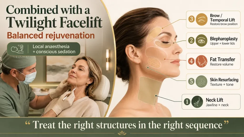 Procedures Commonly Combined with a Twilight Facelift, including neck lift, blepharoplasty, brow lift, fat transfer and skin resurfacing.