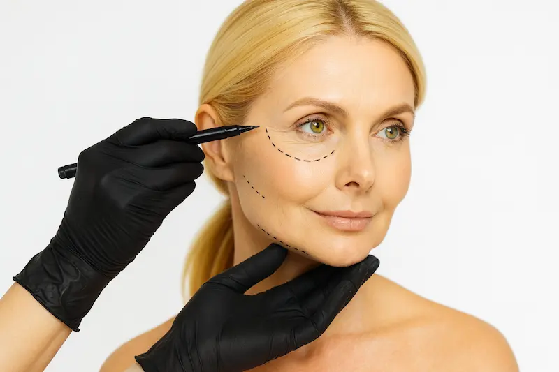 Blonde woman with surgical markings on her face during a facelift consultation, illustrating recovery time facelift planning.