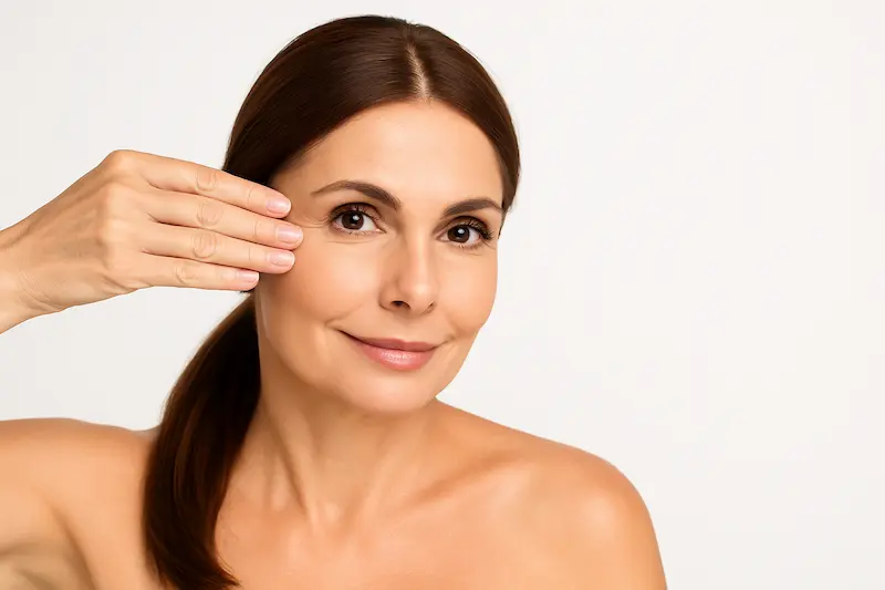 Middle-aged woman with smooth skin gently lifting her temple, symbolizing recovery time for facelift and youthful results.
