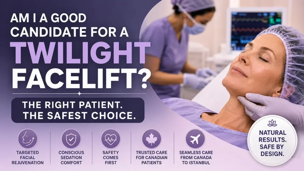 Twilight facelift candidate assessment with conscious sedation comfort and safe facial rejuvenation for Canadian patients.