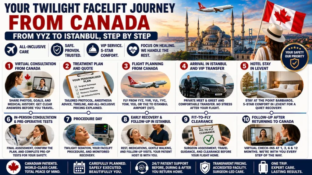 Twilight facelift journey from Canada to Istanbul with consultation, VIP transfers, hotel recovery and follow-up care.